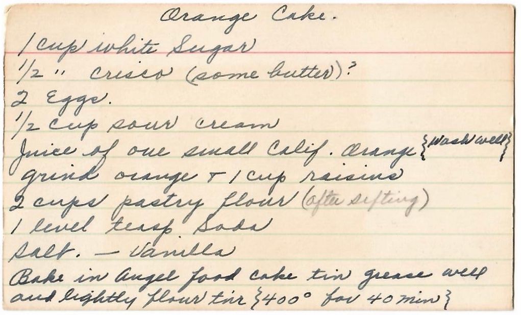 Handwritten orange cake recipe card